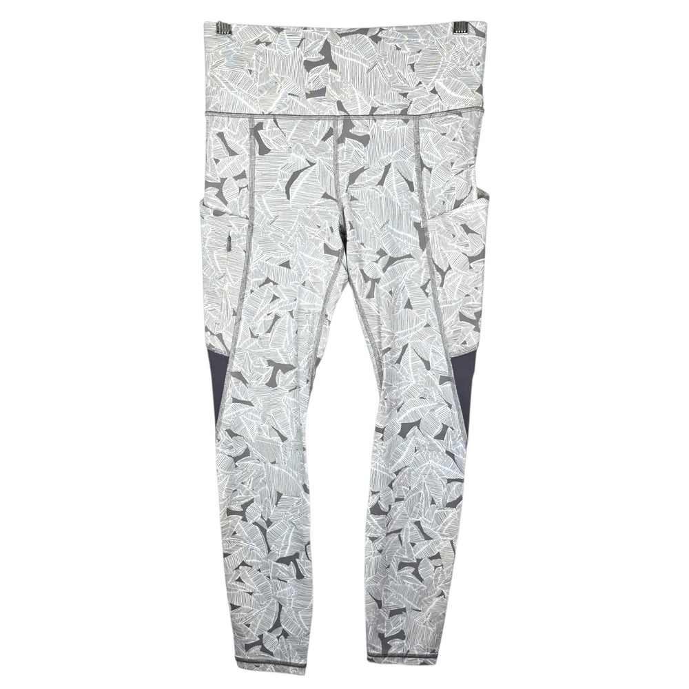 Athleta Colorblock Leaf Print Leggings Womens Small Gray Yoga Running Gym
